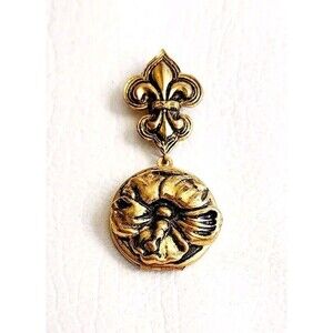 Fleur De Lis Vintage Fur Coat Brooch Pin Gold Tone Locket